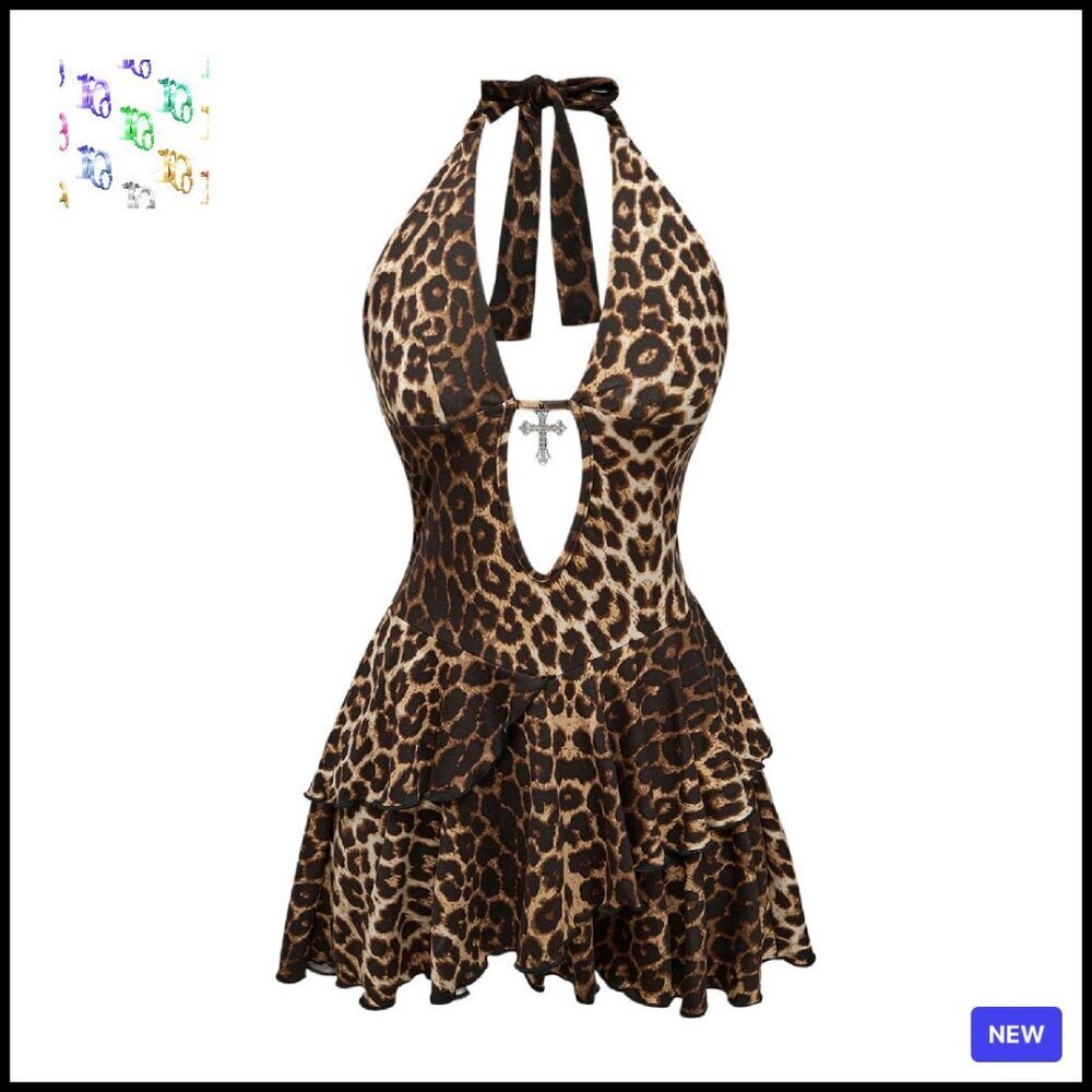 Y2K Halter Dress Backless Tiered Ruffle Mini A-Line Fit & Flare Chic